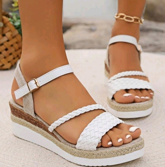 White Woven Strap Wedge Thick Platform Sandals With Jute Bottom And Cross Strap, - Picture 3 of 6